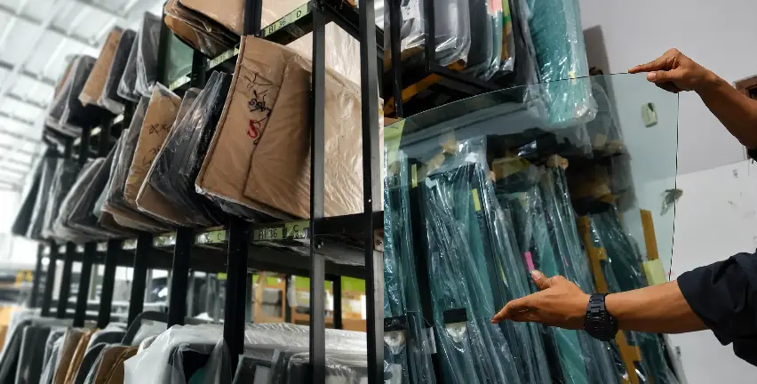 Gudang stok kaca mobil tangan pertama dengan ketersediaan unit yang siap didistribusikan ke mitra.